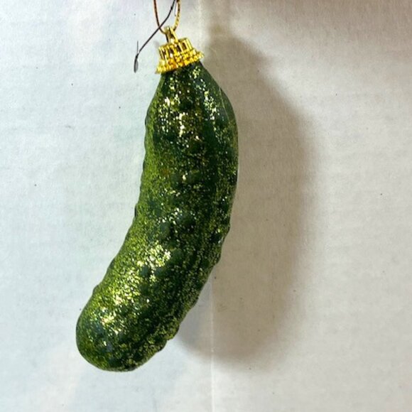 Green Sparkle Pickle Blown Glass Christmas Tree Holiday Ornament 3.75" - Picture 1 of 8